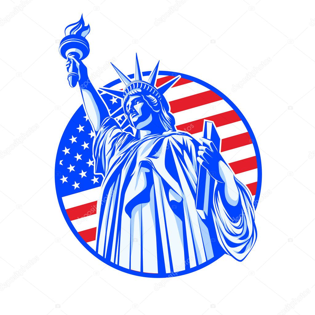 statue of liberty in blue on the background of the USA flag