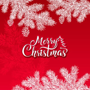 Neşeli Noel vektör metin kırmızı bir arka planda beyaz silhouette ağaç dalları ve koniler ile.