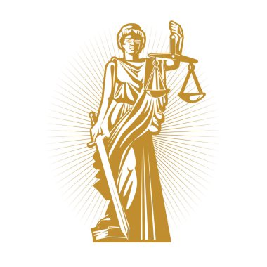 Altın siluet adalet gözleri bağlı, ölçekler ve kılıç ile Yunan tanrıçası.