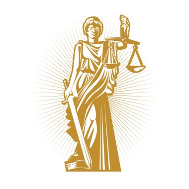 Gold silhouette the Greek goddess of justice with blindfold, scales and sword. clipart