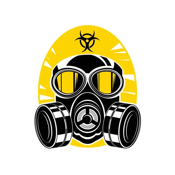 Máscara de gas con lentes y una capucha, signo de peligro químico — Vector de stock