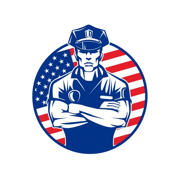 Policía en uniforme, con una gorra en el fondo de la bandera de los Estados Unidos en un círculo — Vector de stock