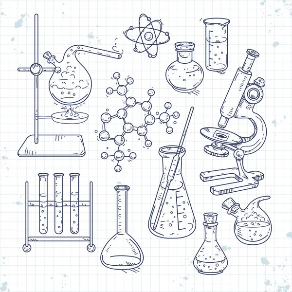 Sketch set of various devices for chemical experiments — Stock Vector