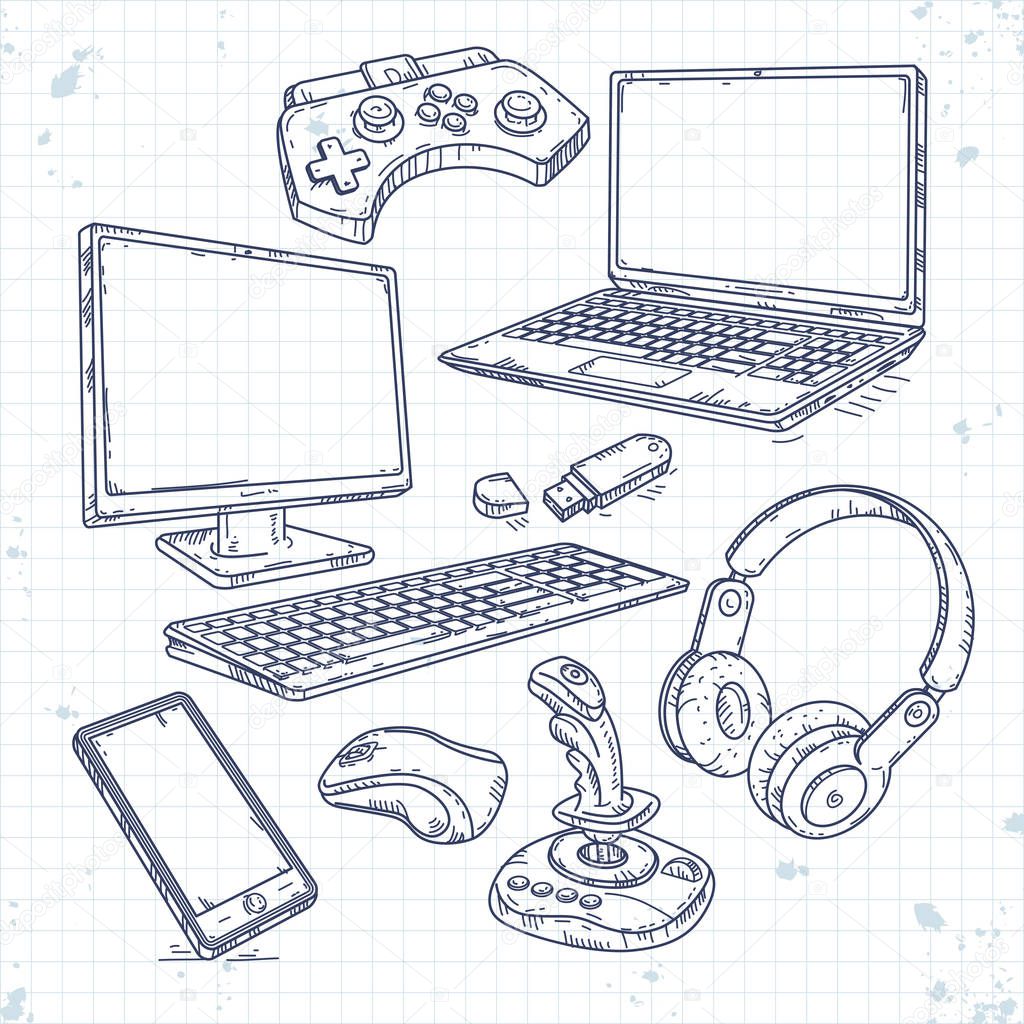 Vector set of hand drawn icons of computer technici for games