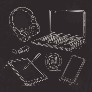 bilgisayar teknolojisi, dizüstü bilgisayar, tablet, smartphone, birden parlamak götürmek ve kulaklıklar el çekilmiş Icon set