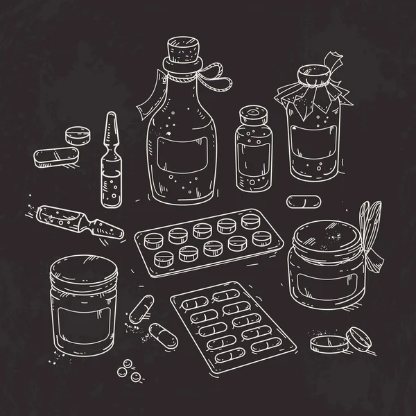 Conjunto de medicamentos, frascos de medicamentos y tabletas sobre fondo negro — Vector de stock