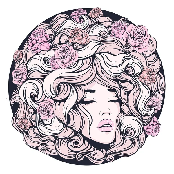 Mädchen, Augen geschlossen, lange lockige Haare rosa Farbe mit dekorativer Frisur — Stockvektor