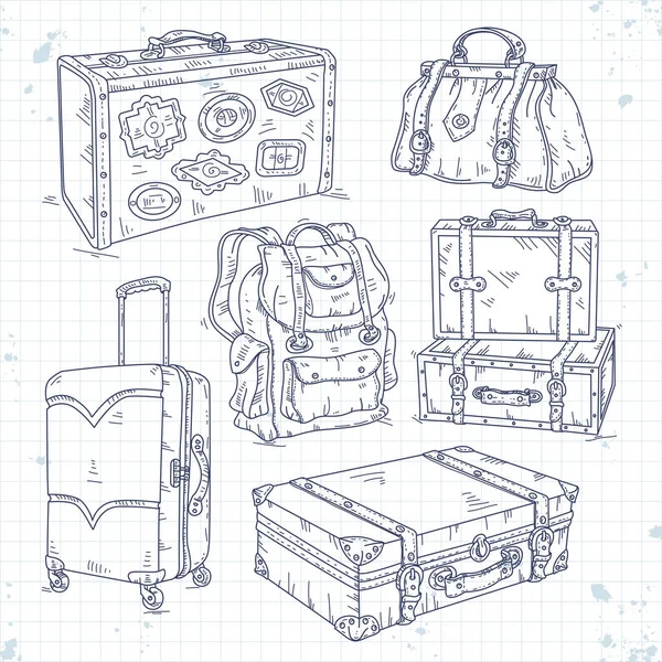 Symbolset handgezeichnet, Koffer, Tasche und Rucksack für die Reise — Stockvektor