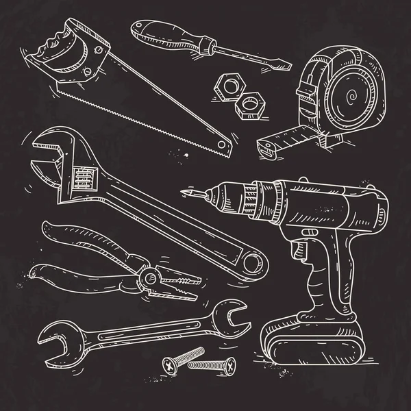 Bosquejo a mano iconos conjunto de herramientas de carpintería sobre fondo negro — Vector de stock