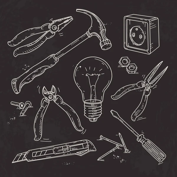 Y bosquejo conjunto de iconos de herramientas de carpintería, lámpara, alicates y un martillo — Archivo Imágenes Vectoriales