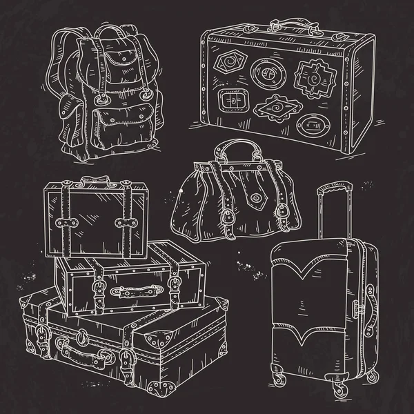 Set maleta, bolso y mochila para viajar dibujado sobre fondo negro — Vector de stock