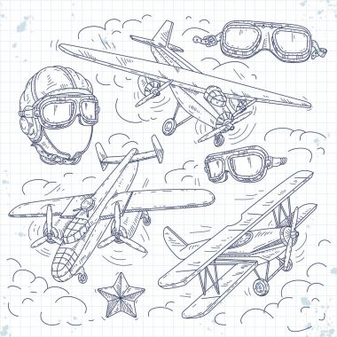 Retro çift kanatlı vektör, bulutlar, pilot kask ve gözlük bir arka plan üzerinde eski uçak Icons set