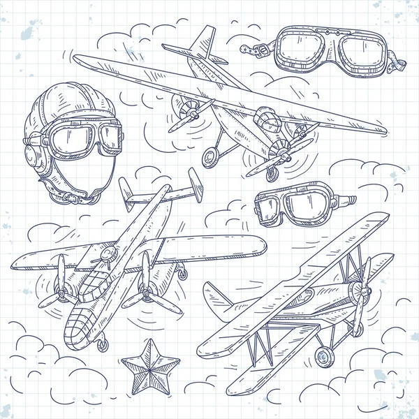 Vector retro biplano, establecer iconos de aviones antiguos sobre un fondo de nubes, casco piloto y gafas — Archivo Imágenes Vectoriales