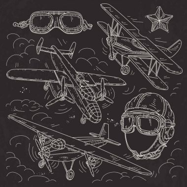 set icons retro old aircraft, pilot helmet and glasses pilot drawn on black background clipart