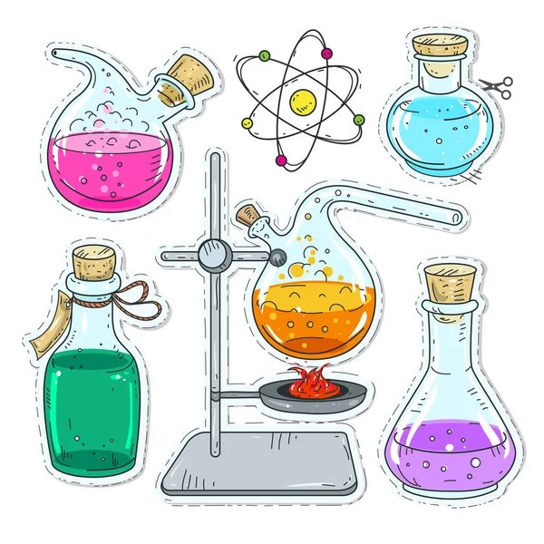 Conjunto de vários dispositivos para experimentos químicos, frascos multicoloridos e frascos —  Vetores de Stock