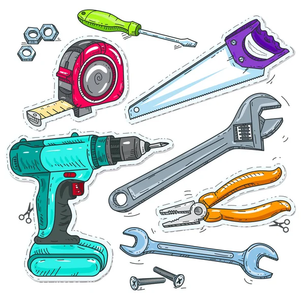 Σετ εργαλεία ξυλουργικής, τρυπάνι, πριόνι και μετροταινία — Διανυσματικό Αρχείο
