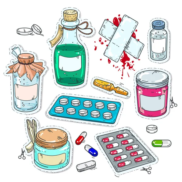 Ícones de estilo cômico, de medicamentos, garrafas de medicamentos —  Vetores de Stock