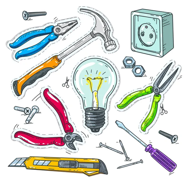 Conjunto colorido de ferramentas de carpintaria, lâmpada, soquete e martelo — Vetor de Stock