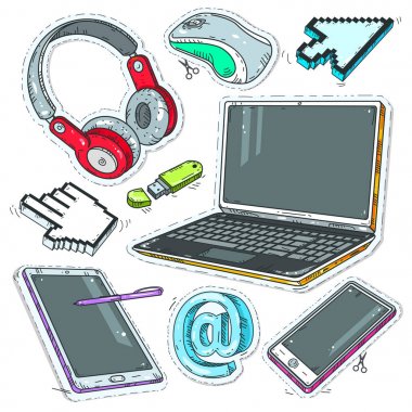 renkli etiket bilgisayar, Internet işaretçiler, kulaklık ve dizüstü