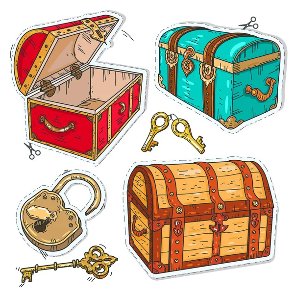 Kleurrijke sticker, set oude piraat kisten met slot en sleutels — Stockvector