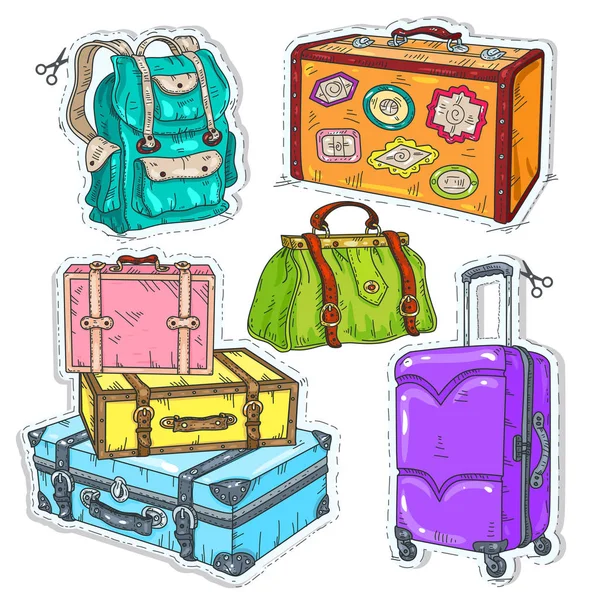 Etiqueta engomada colorida, maleta del sistema, bolso y mochila para viajar — Vector de stock