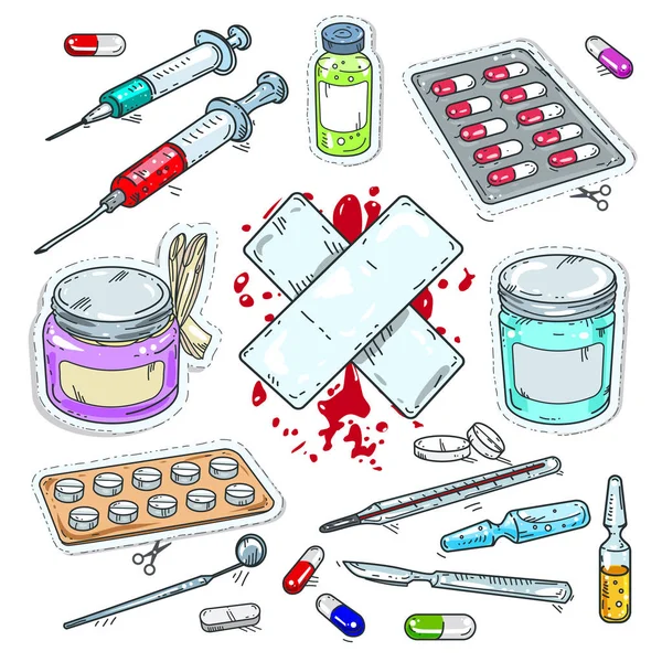 Красочная наклейка медицинских препаратов, таблеток, шприцов и штукатурки — стоковый вектор