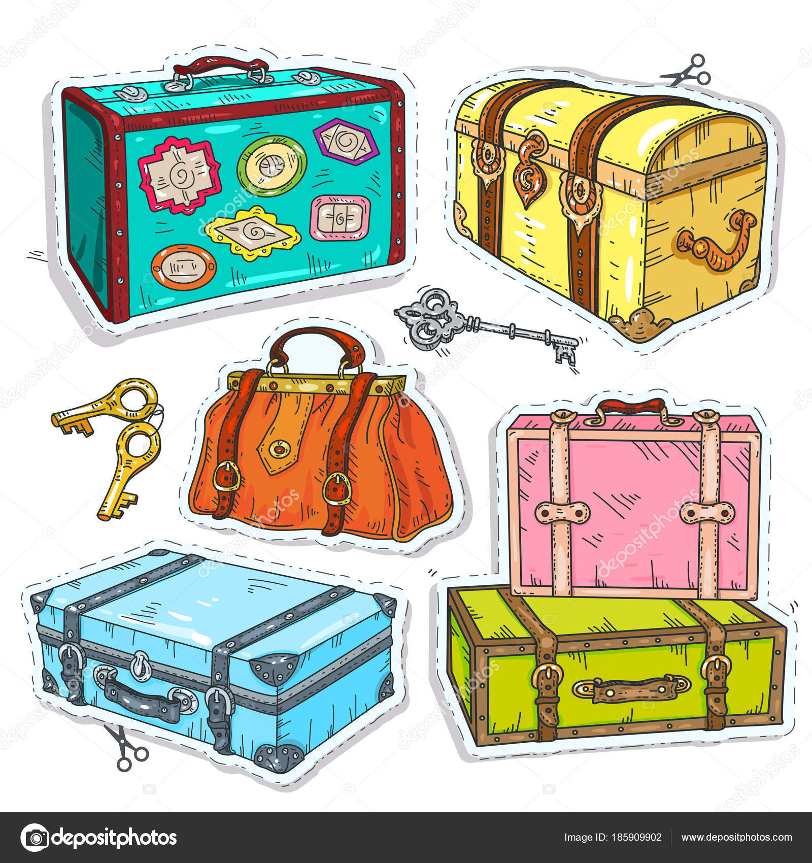 Colorful sticker, set retro luggage, old vintage suitcase, chest