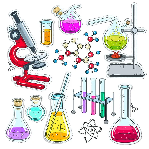 Etiqueta colorida, conjunto de vários dispositivos para experimentos químicos, microscópio —  Vetores de Stock