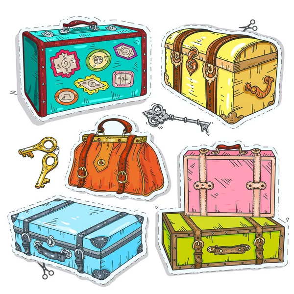 Etiqueta de colores, conjunto de equipaje retro, vieja maleta vintage, pecho y bolso — Vector de stock