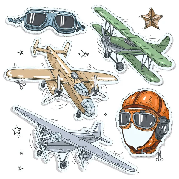 Красочная наклейка, набор ретро старые самолеты, шлем пилота — стоковый вектор