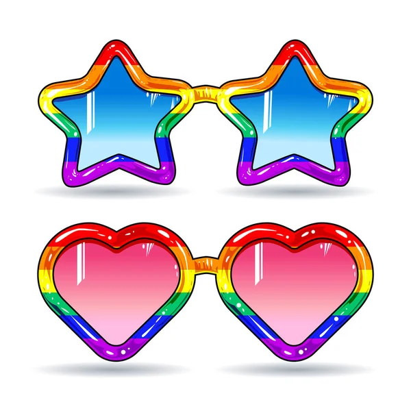 Ντίσκο γυαλιά ηλίου σε σχήμα καρδιές και αστέρια, καρέ στα χρώματα του ουράνιου τόξου — Διανυσματικό Αρχείο