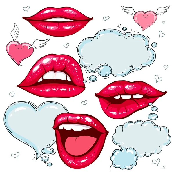 Icônes colorées, lèvres rouges avec bulle vocale et coeur avec ailes — Image vectorielle