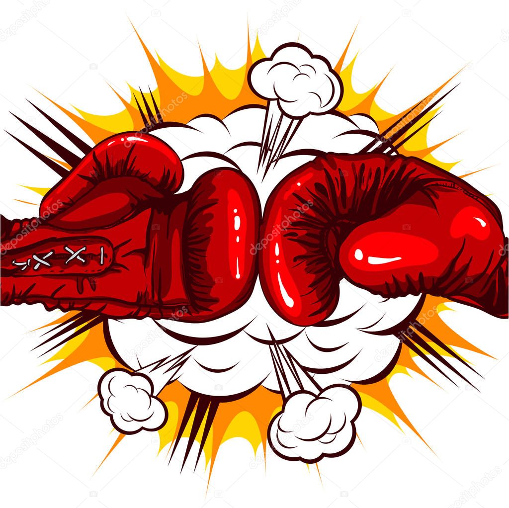 Vector illustration of comic style, two red Boxing gloves retro on the background of the cloud of explosion