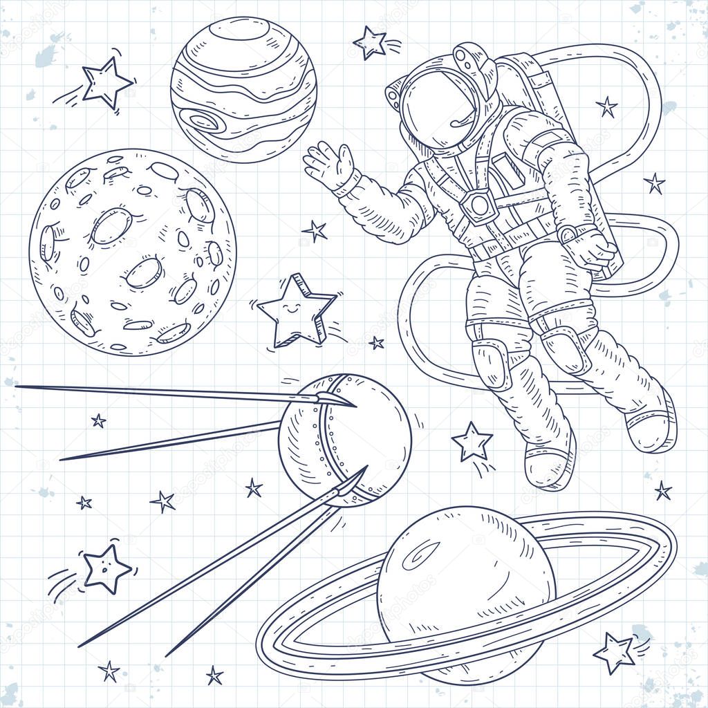 Vector illustration spaceman, planets, stars and satellites