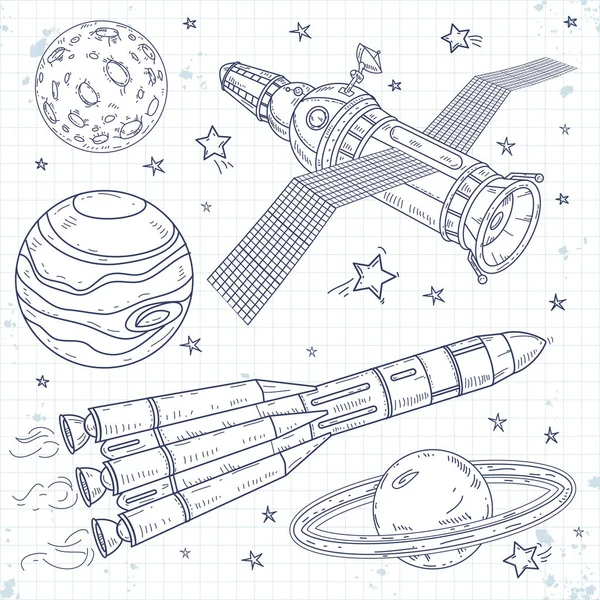 Vektor ikoner satellit, rymdraket och planeter — Stock vektor