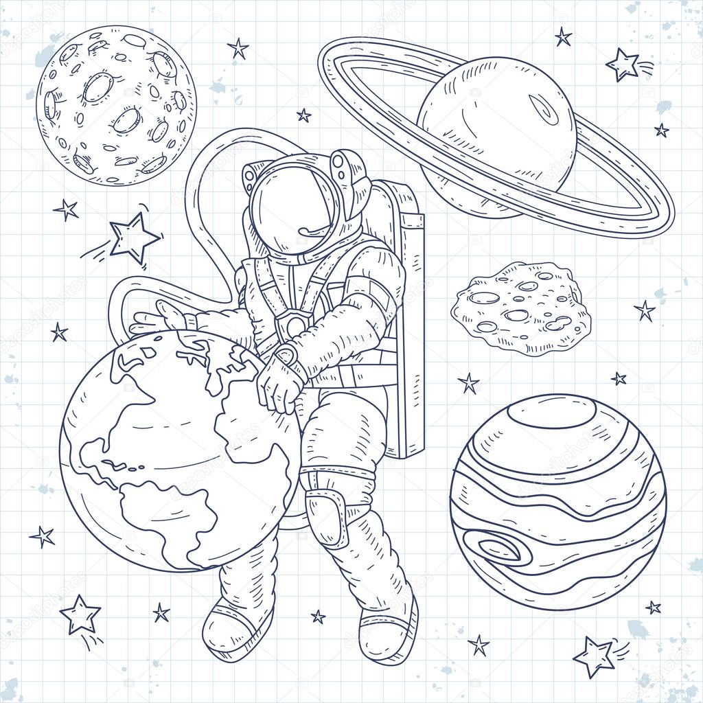 Doodle style set cosmos, astronaut hugging planet earth, star system with planets, asteroids and stars