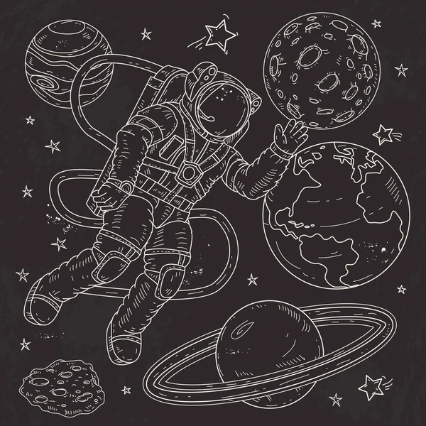 矢量插图宇航员 spacemanflies 在被行星和恒星包围的空间中 — 图库矢量图片