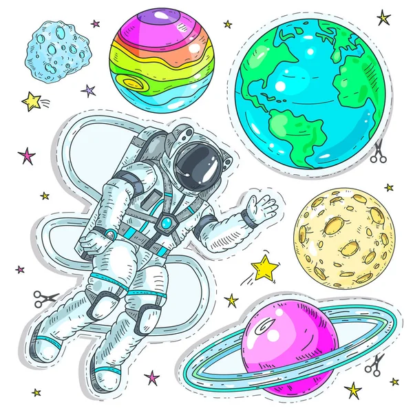 Vektor illustration komiska stil färgglada ikoner, klistermärken astronaut spaceman flyger i rymden omges av planeter — Stock vektor