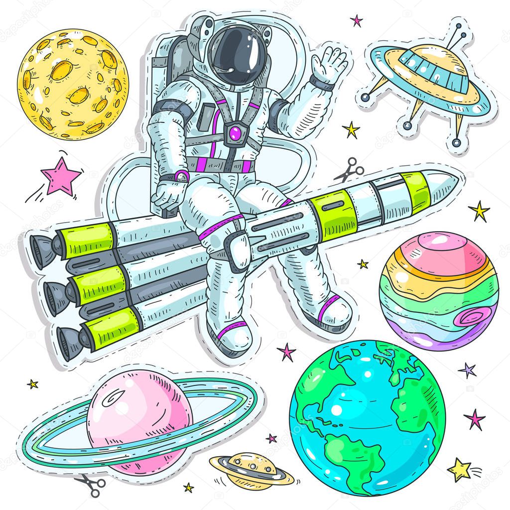 Vector illustration comic style colorful icons, stickers astronaut sits on a rocket and waves his hand and UFO