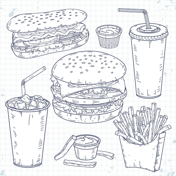 Fast-Food-Doodle-Set, Hamburger, Hot Dog, Getränke und Kartoffeln — Stockvektor