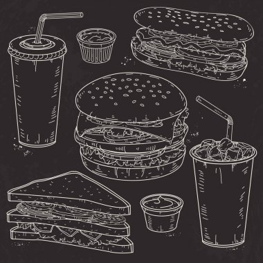 fast food, hamburger, sosisli sandviç, içecekler ve sandviç Doodle vektör ayarla
