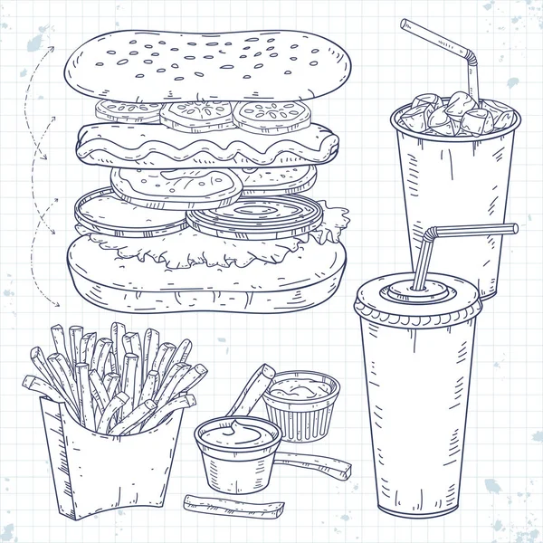 Doodle-Vektor-Set Fast Food, Hot Dog, Getränke und Pommes — Stockvektor