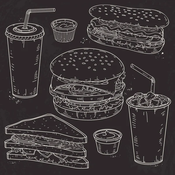 Doodle Vector Set Fast Food, Hamburger, Hot Dog, Getränke und Sandwich — Stockvektor