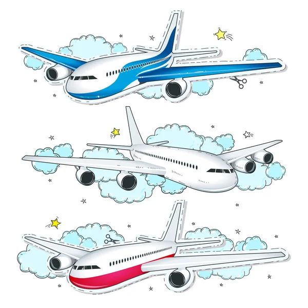 Vector instellen luchtvaartuigen, met komische stijl kleurrijke pictogrammen vliegtuigen — Stockvector