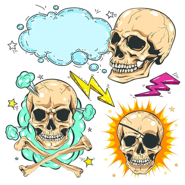 Vector stel schedel, komische stijl kleurrijke pictogrammen, verschillende schedels met botten — Stockvector