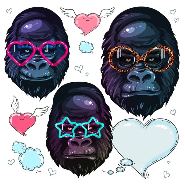 Conjunto vetorial macaco retrato, gorila na moda óculos brilhantes, retrato de macaco em óculos de sol — Vetor de Stock