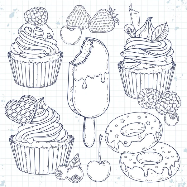 Nastavte dezert, dortíky, koláče, koblihy a bobule — Stockový vektor