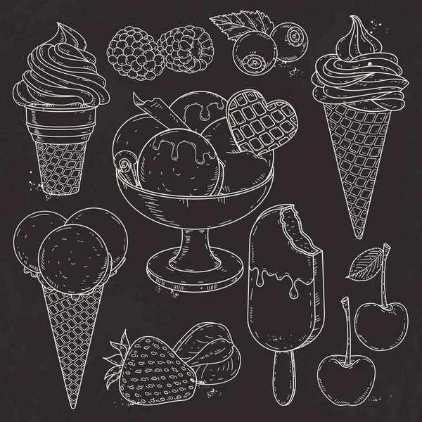 Zmrzlinu v poháru vafle, jahody a maliny, silueta na černém pozadí — Stockový vektor