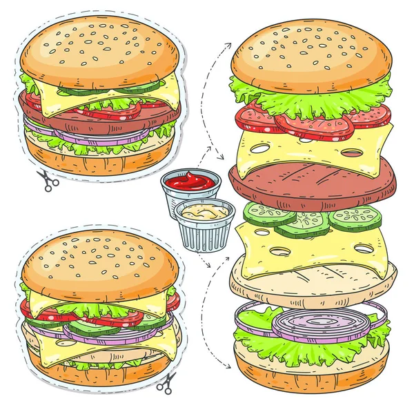 Vektorové ikony nálepku. Kreslený chutné velký hamburger se sýrem a sezamová semínka. — Stockový vektor