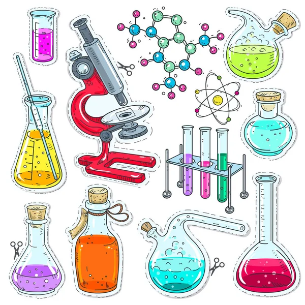 Set colorido de equipo de laboratorio químico, tubos de ensayo, frascos con líquido coloreado, microscopio y moléculas . — Vector de stock